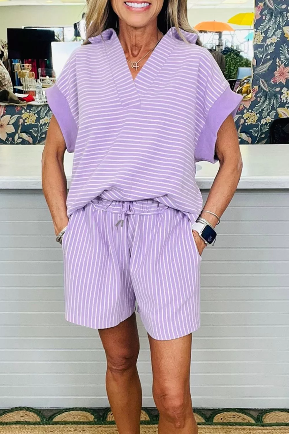 Stripe Dolman Sleeve Polo Shirt and Drawstring Shorts Set, image 4