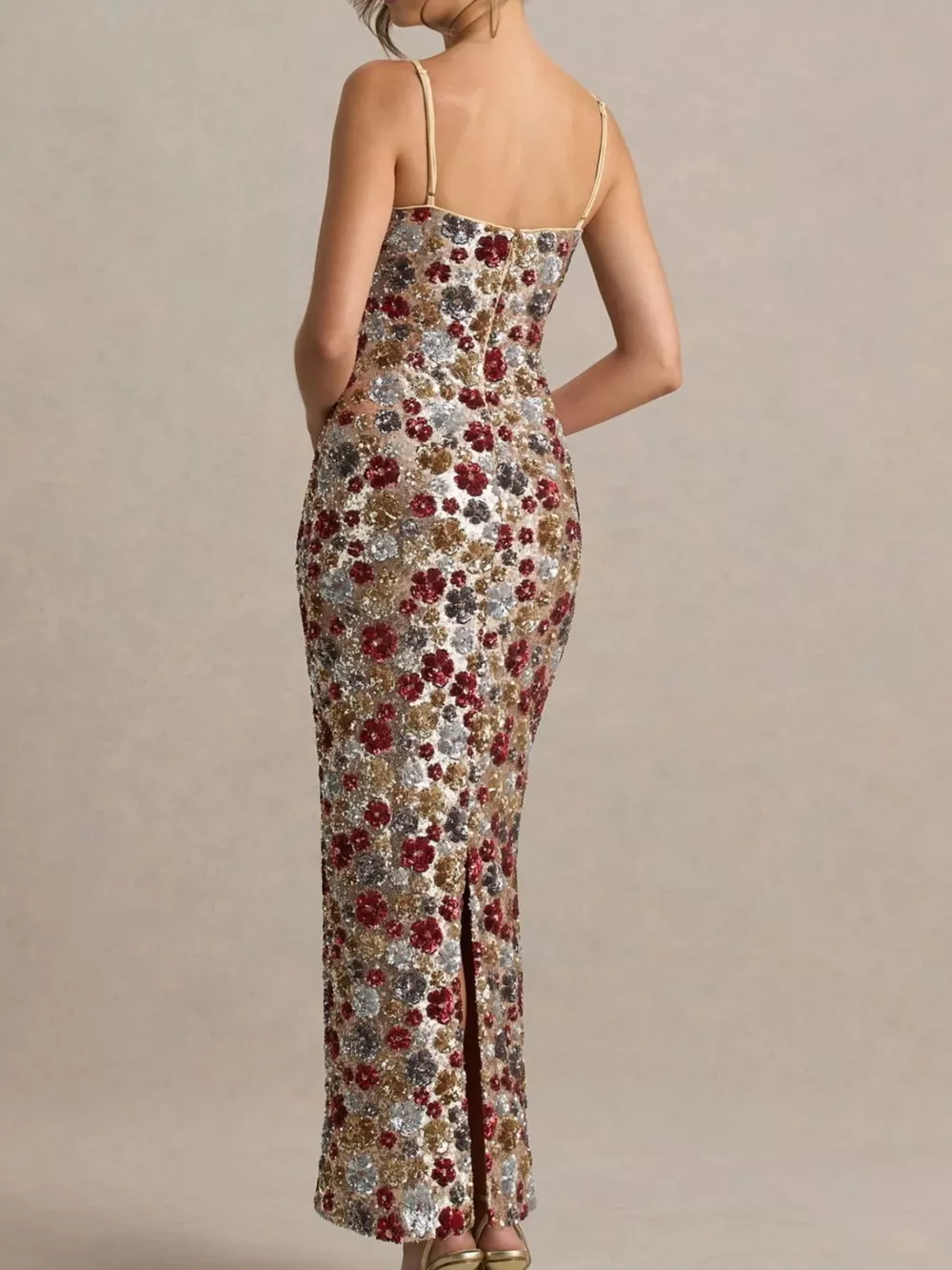 Slit Floral Sequin Bodycon Maxi Dress, image 3