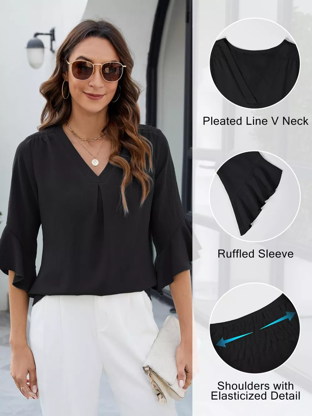 V-Neck Ruffle Sleeve Blouse, image 6