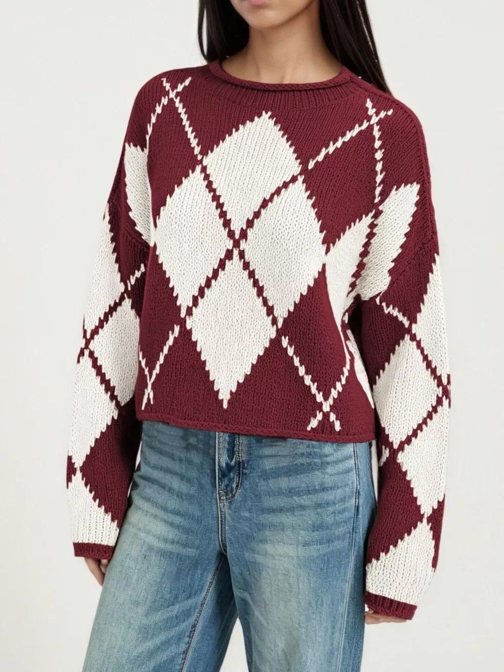 Argyle Pattern Knit Dropped Shoulder Sweater, image 11