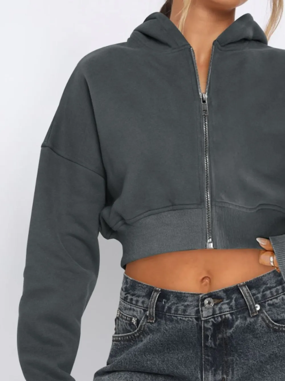 Zip Up Long Sleeve Hooded Cropped Jacket, image 12