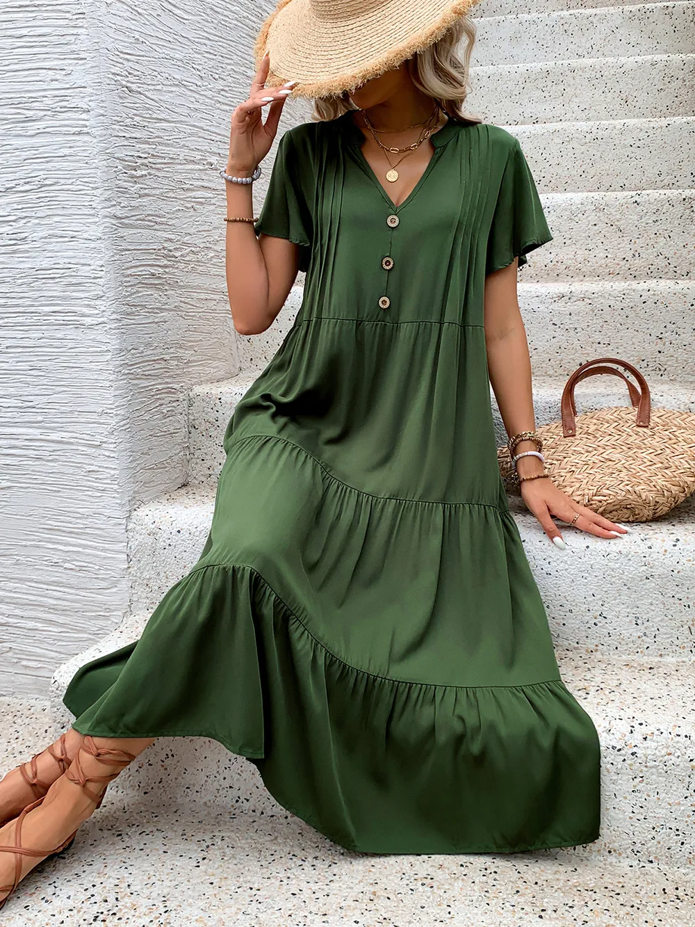 Tiered Notched Short Sleeve Midi Dress, image 5