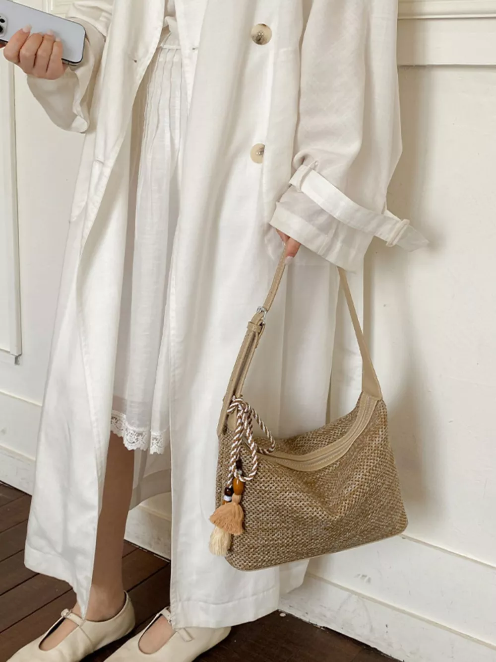 Woven Shoulder Bag with Tassel, image 6