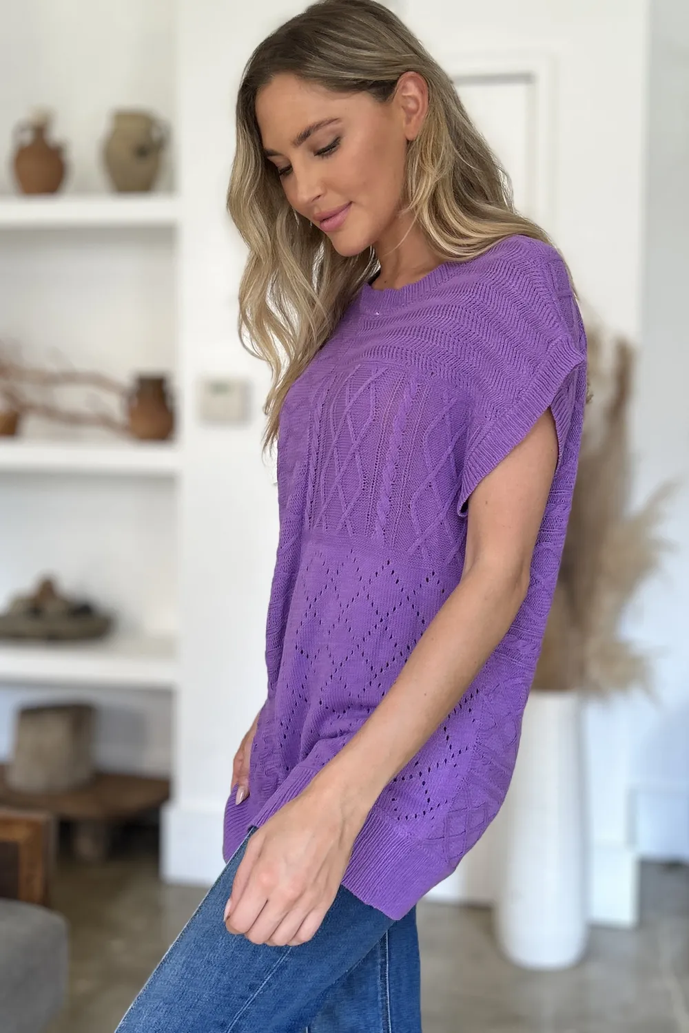 Full Size Cable-Knit Round Neck Cap Sleeve Sweater, image 28