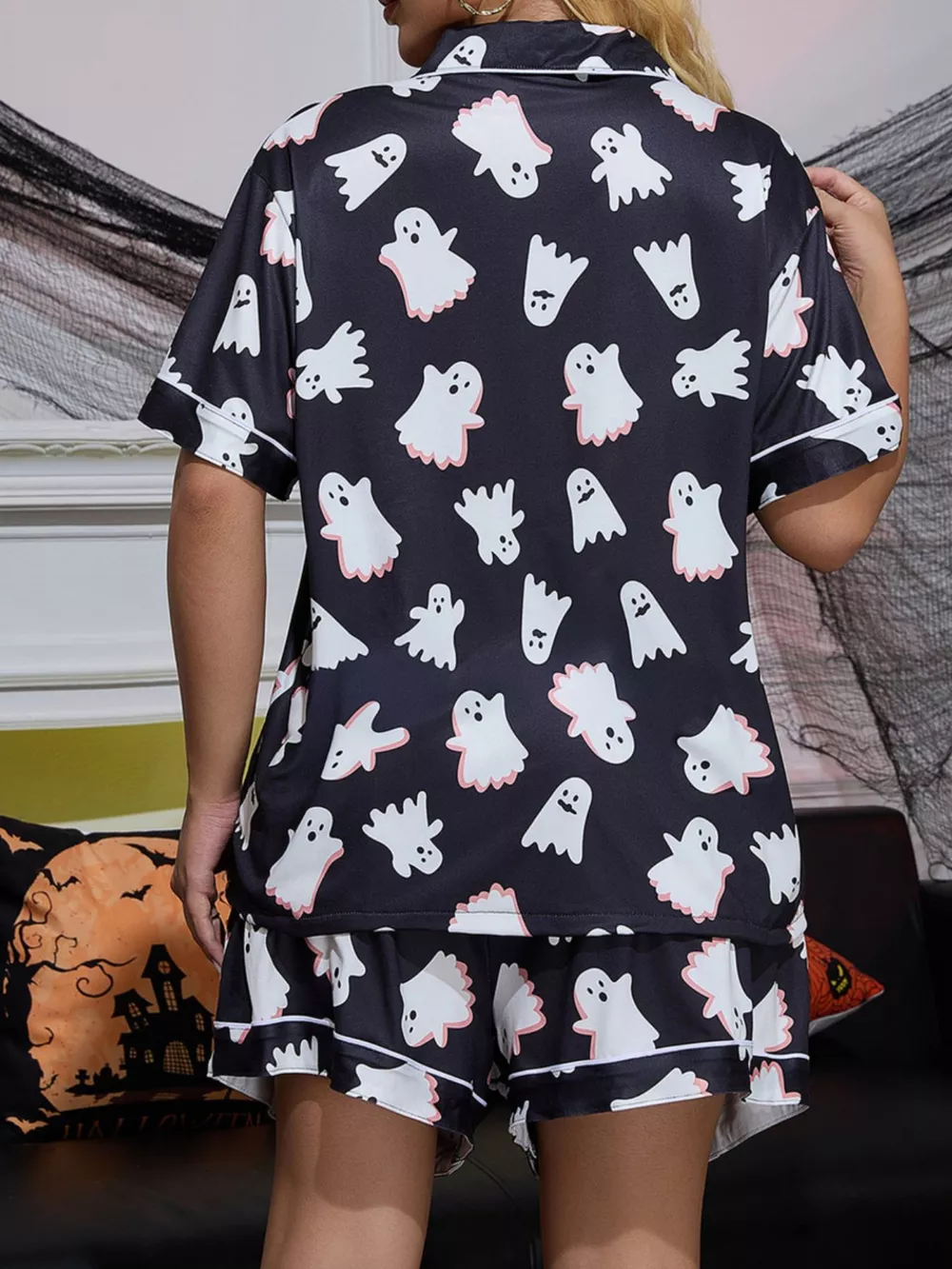 Halloween Ghost Print Button-Down Top and Shorts Lounge Set, image 3