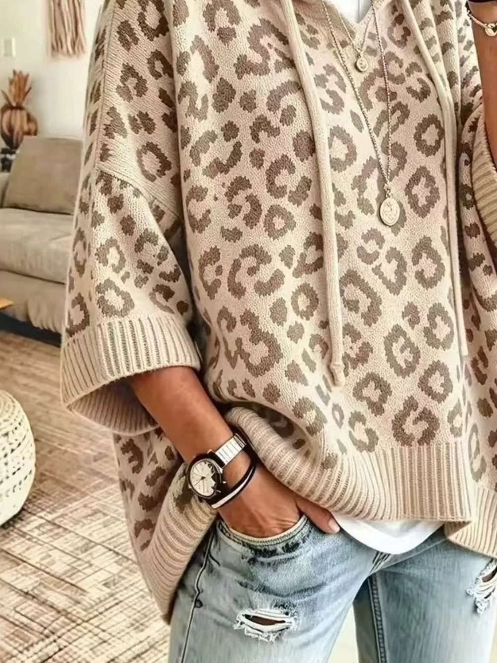 Leopard Print Hooded Knit Sweater, image 2