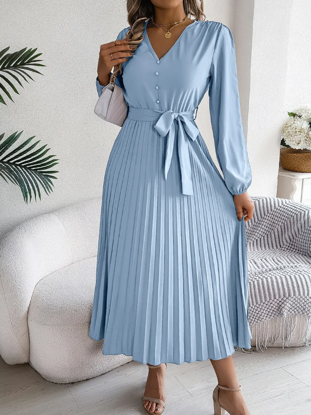 Pleated Tied V-Neck Long Sleeve Dress, image 12