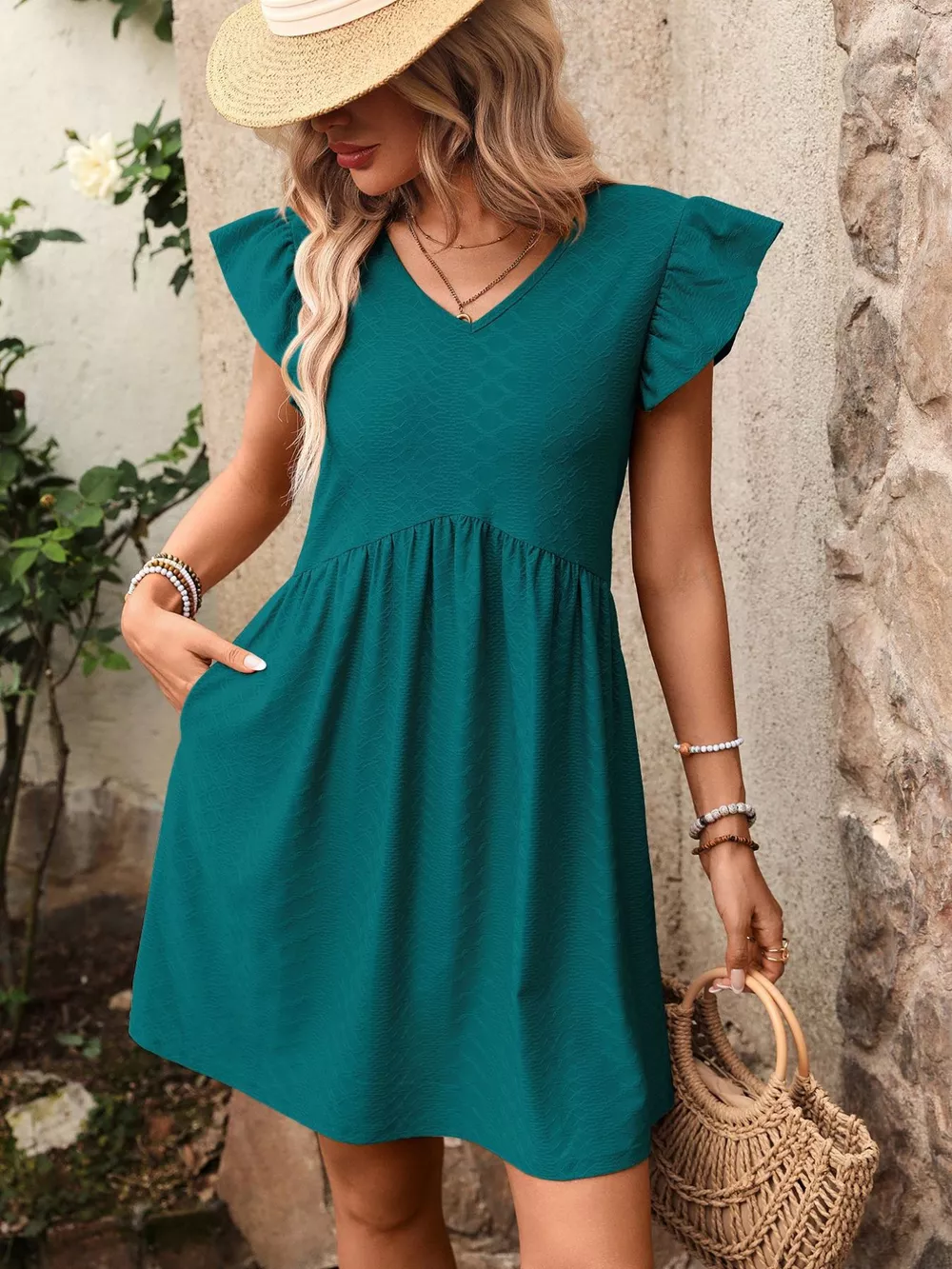 Ruffle Sleeve V-Neck A-Line Dress, image 3