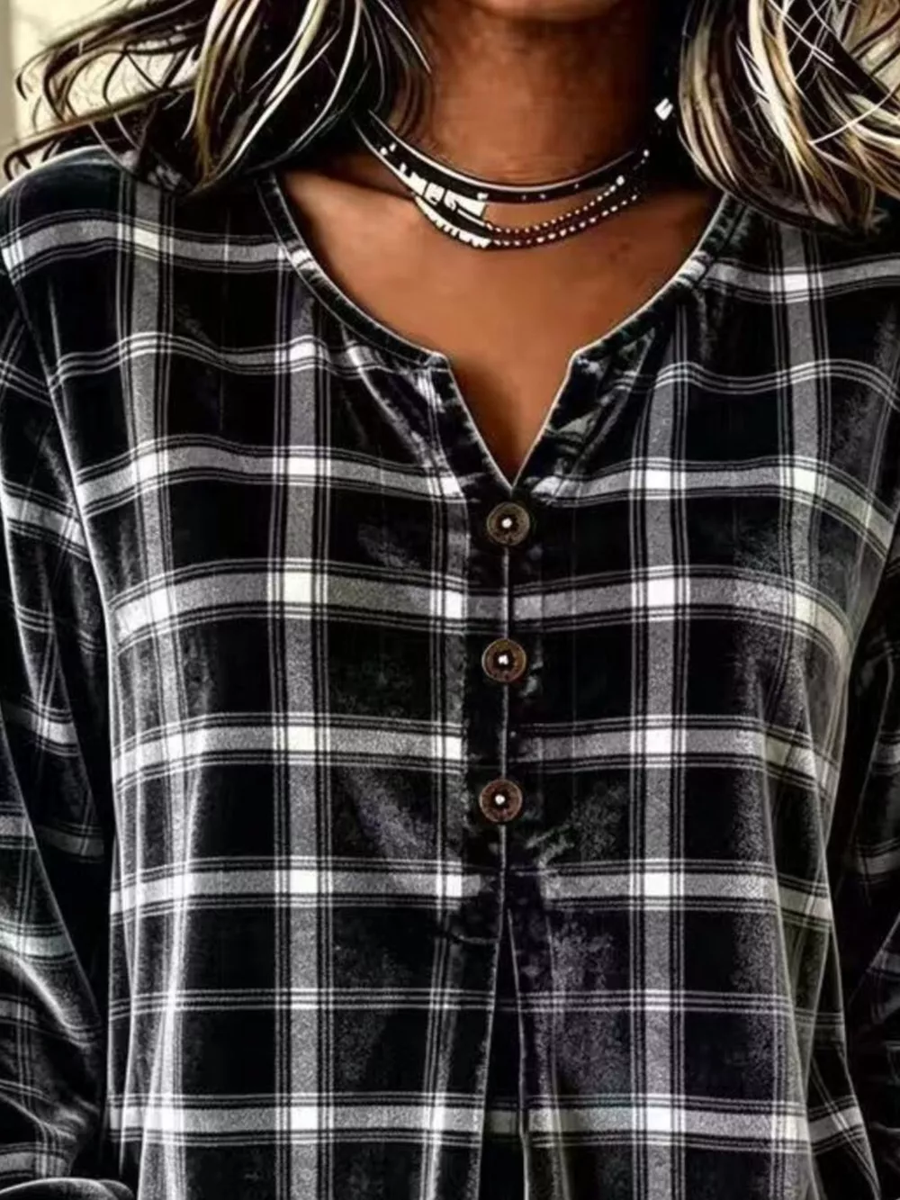 Full Size Plaid Velvet Flounce Sleeve Blouse Plus Size, image 8