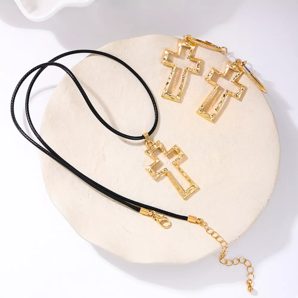 Cross Pendant Necklace & Hoop Earrings Jewelry Set, image 7
