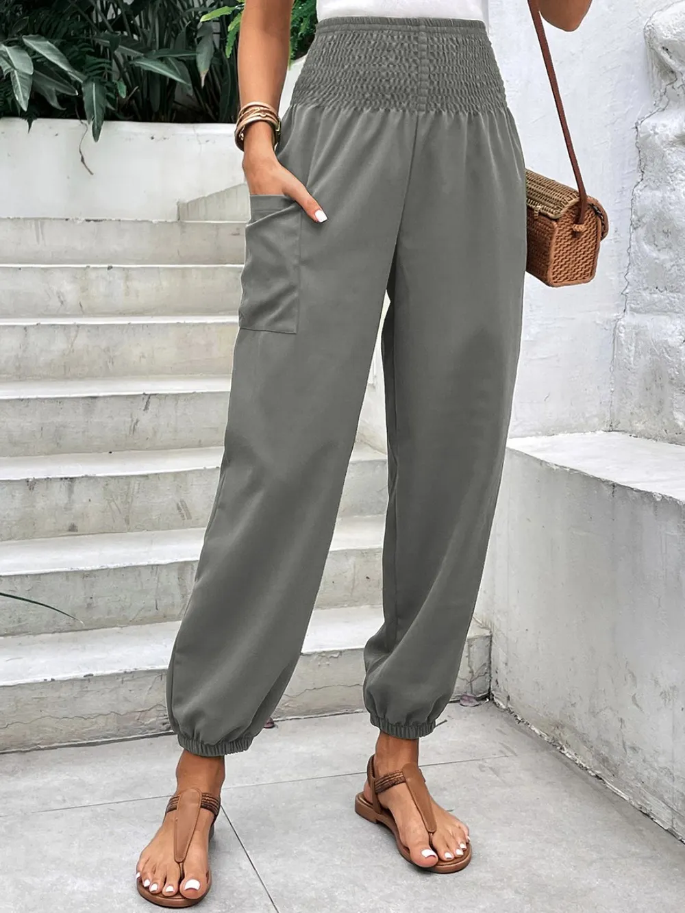 Smocked High Rise Joggers with Pockets, image 14