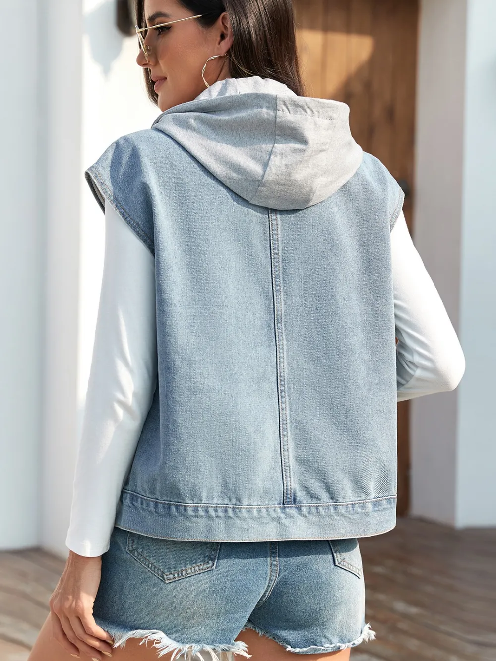 Drawstring Button Up Sleeveless Denim Jacket, image 10