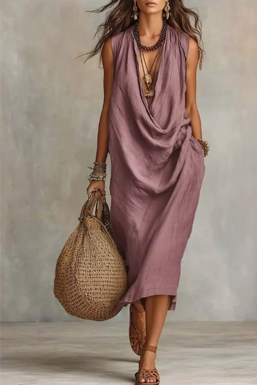 Sleeveless Drape Neck Midi Dress, image 2