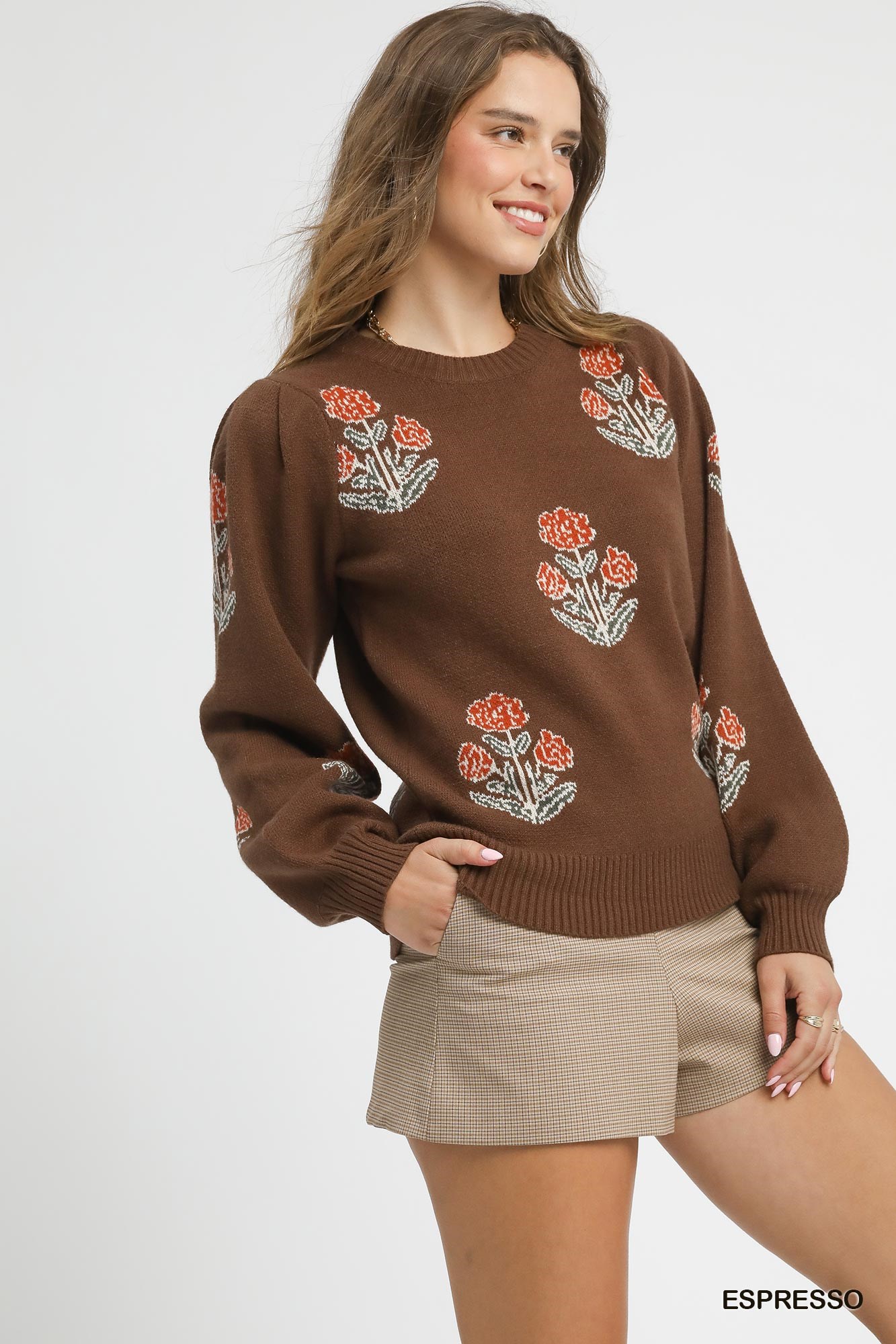 Floral Knit Sweater with Puff Sleeves, image 2
