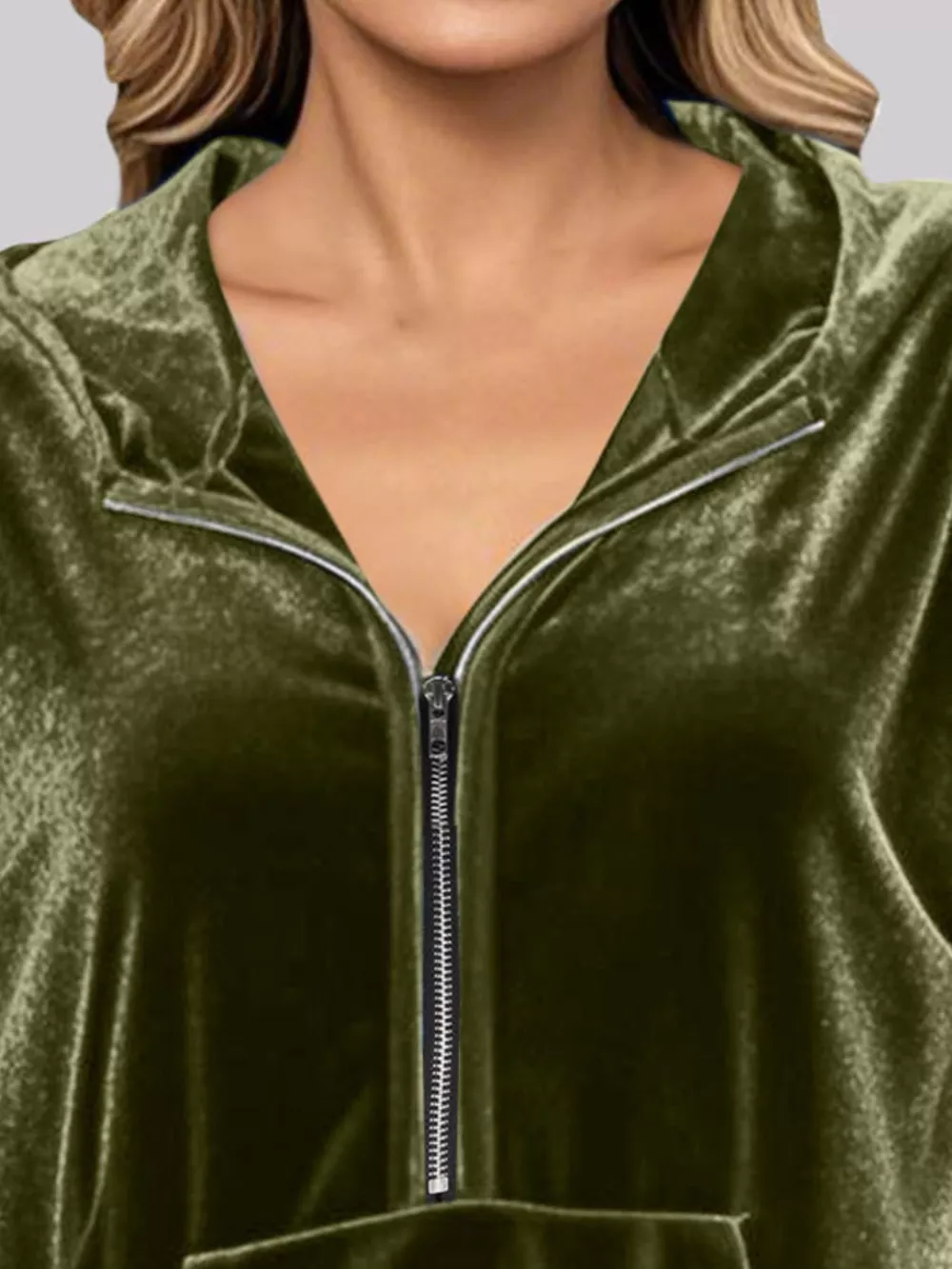 Full Size Velvet Half Zip Hoodie with Kangaroo Pocket Plus Size, image 13