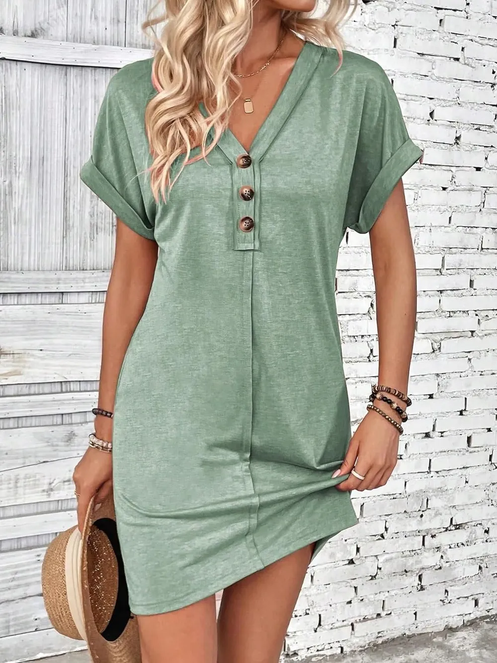 Quarter Button V-Neck Short Sleeve Dress, image 18