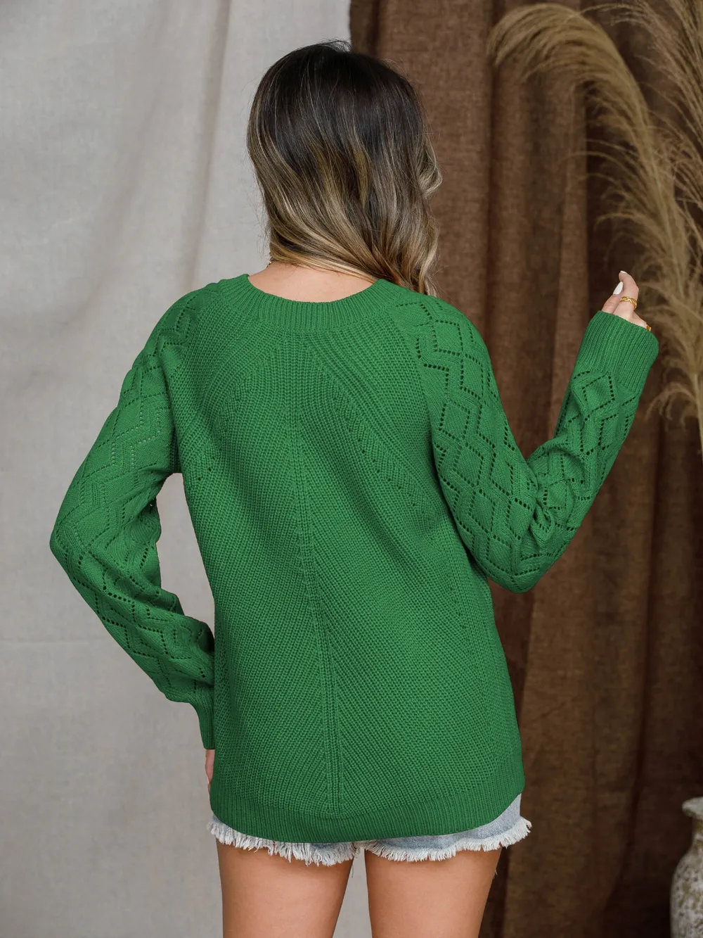 Openwork Round Neck Raglan Sleeve Sweater, image 12