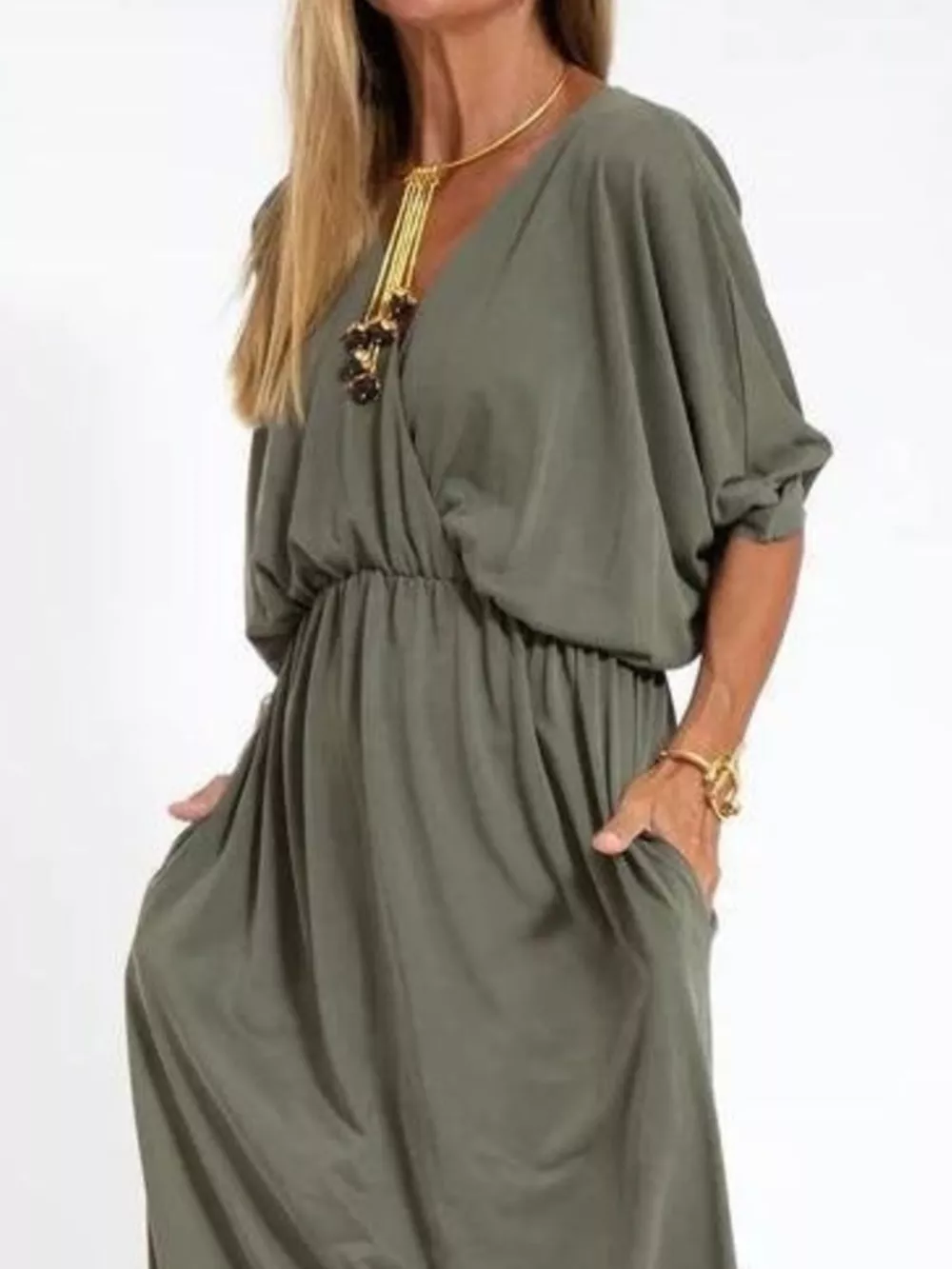 Full Size V-Neck Batwing Sleeve Maxi Dress with Side Slits Plus Size, image 6