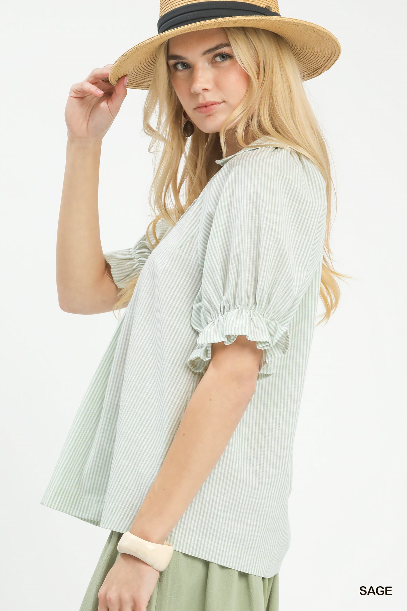 Pinstripe V-Neck Ruffle Sleeve Blouse, image 2