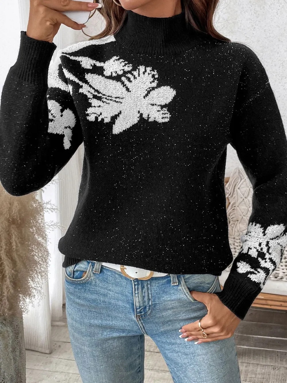 Flower Mock Neck Long Sleeve Sweater, image 5
