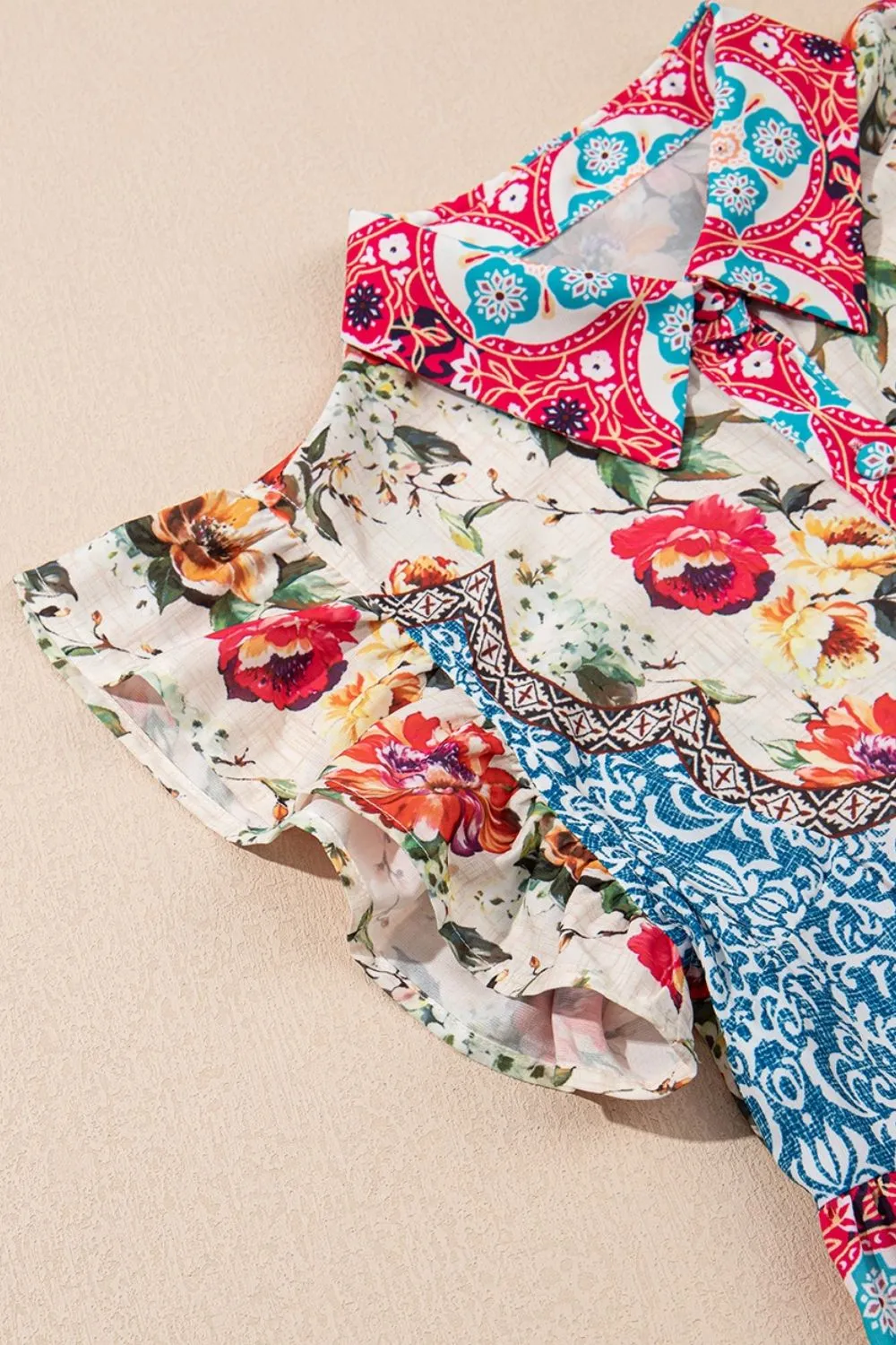 Floral Mixed Pattern Ruffle Flutter Sleeve Buttoned Dress, image 9