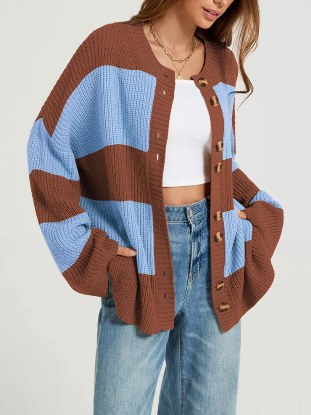 Color Block Striped Button-Up Cardigan, image 2