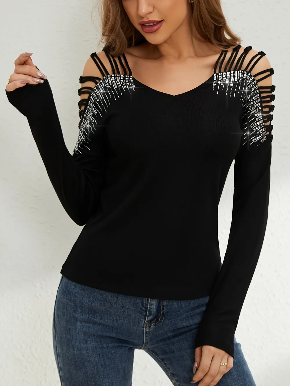 Rhinestone Cutout Long Sleeve T-Shirt, image 3