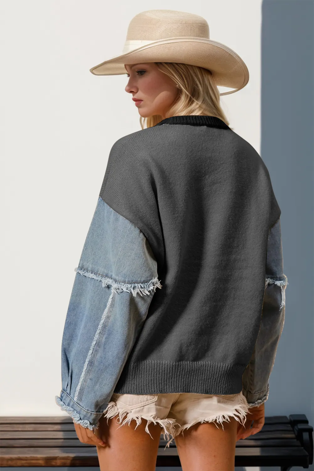 Full Size Star Pattern Raw Edge Long Sleeve Sweater, image 6
