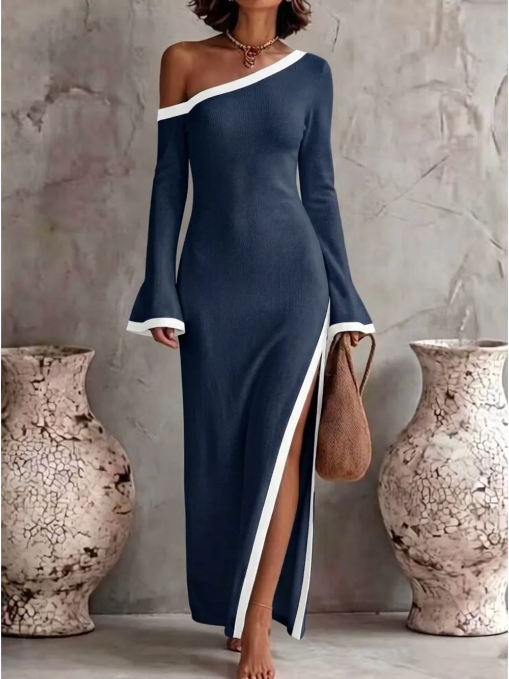 Slit One-Shoulder Contrast Trim Maxi Dress, image 4