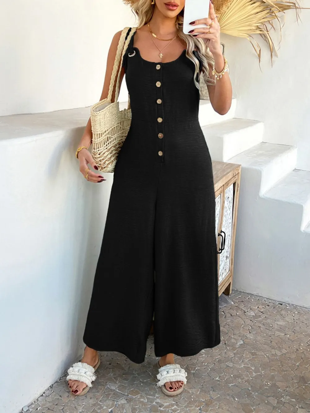 Button Front Knotted Strap Wide Leg Jumpsuit, image 15