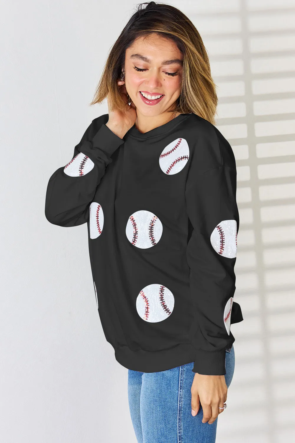Sequin Baseball Round Neck Dropped Shoulder Sweatshirt, image 11