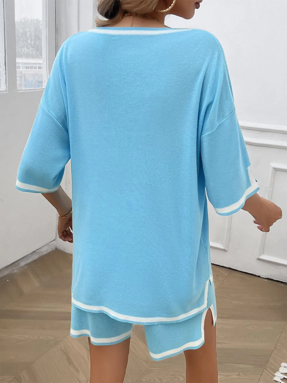 Contrast Trim V-Neck Top and Shorts Set, image 26