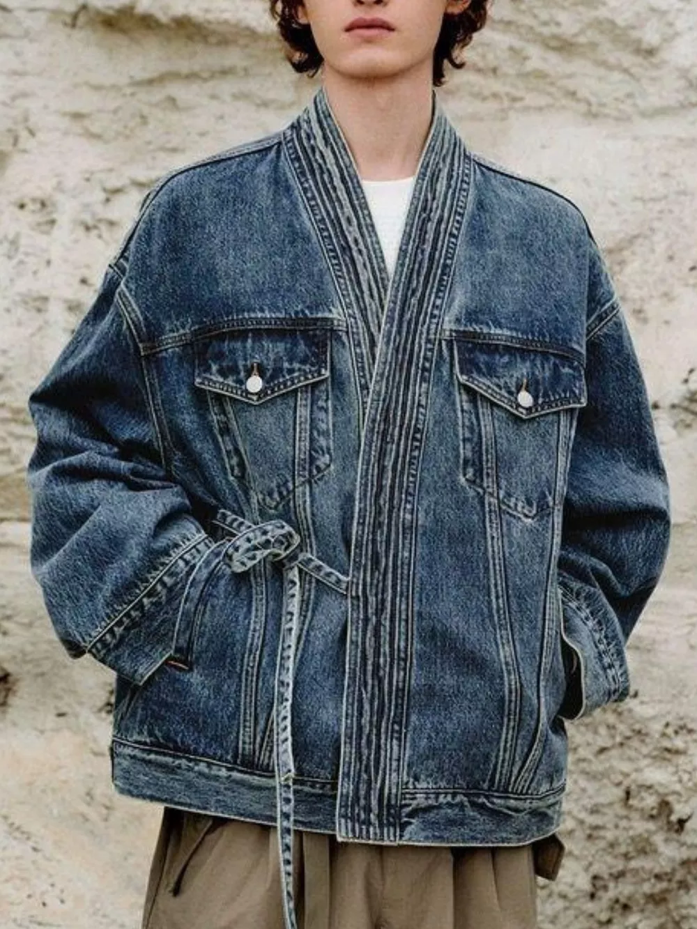 Men's Plus Size Washed Tied Long Sleeve Denim Jacket, image 2