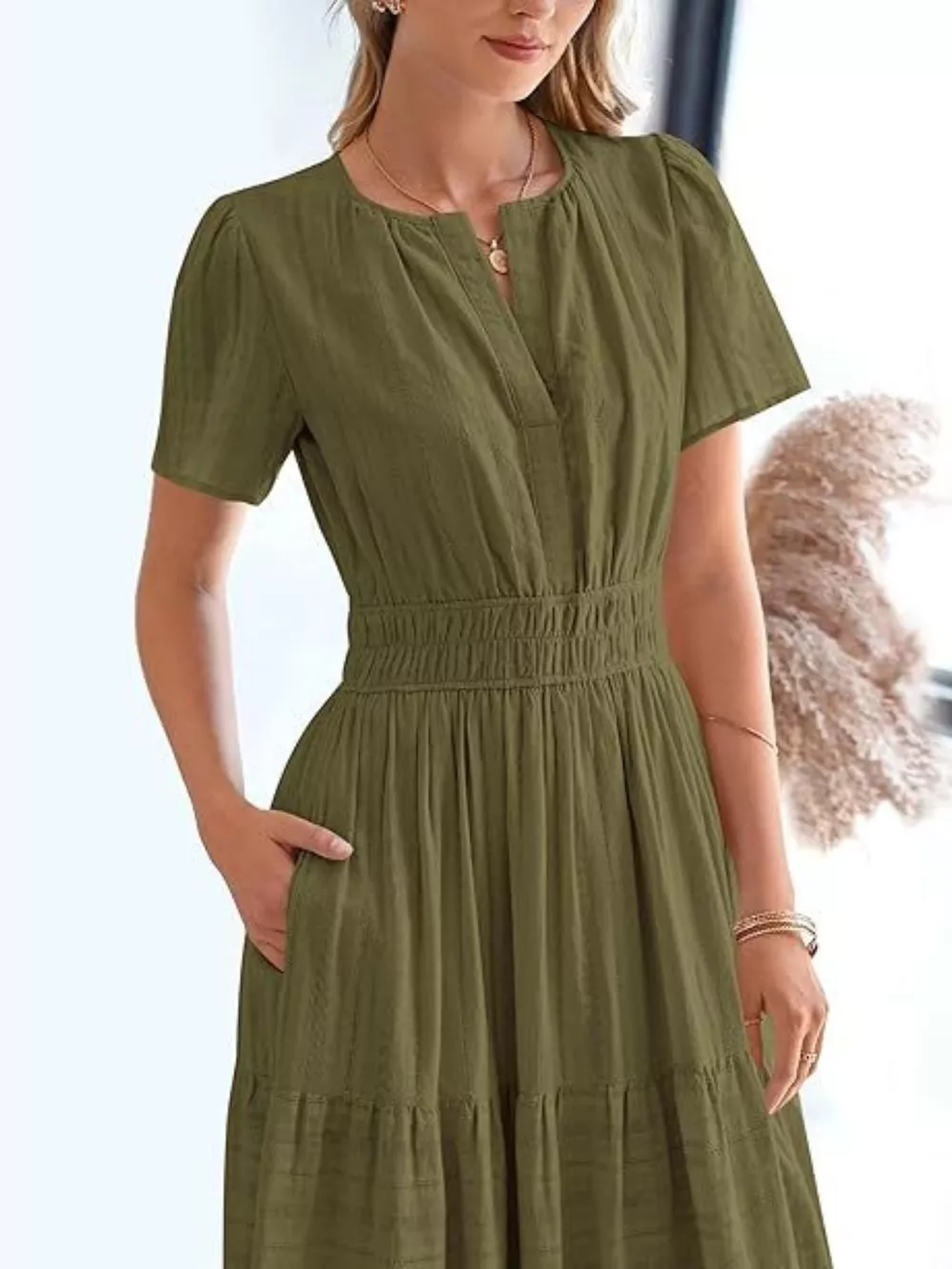 Full Size Short Sleeve Tiered Midi Dress Plus Size, image 20