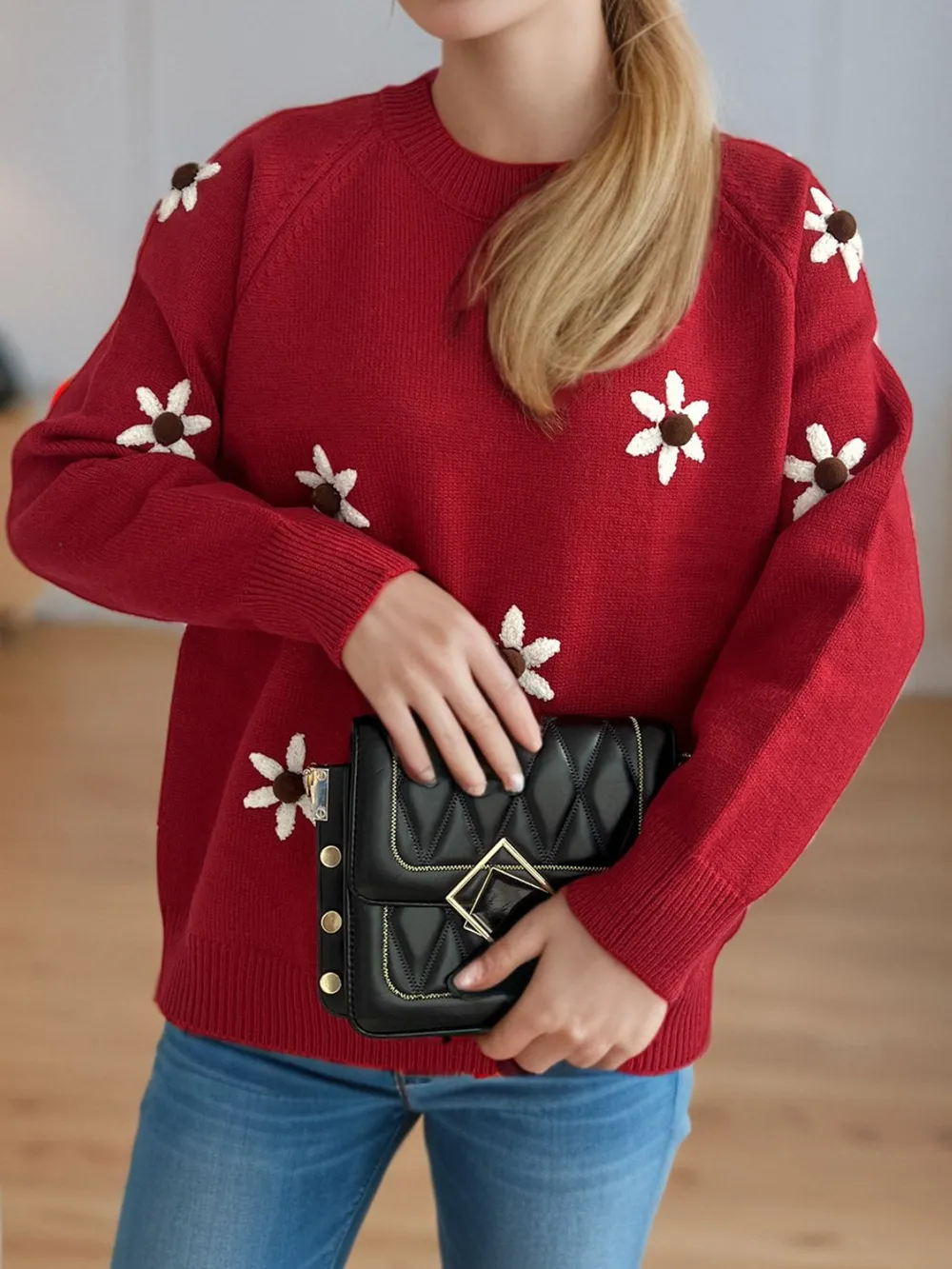 Flower Round Neck Raglan Sleeve Sweater, image 13