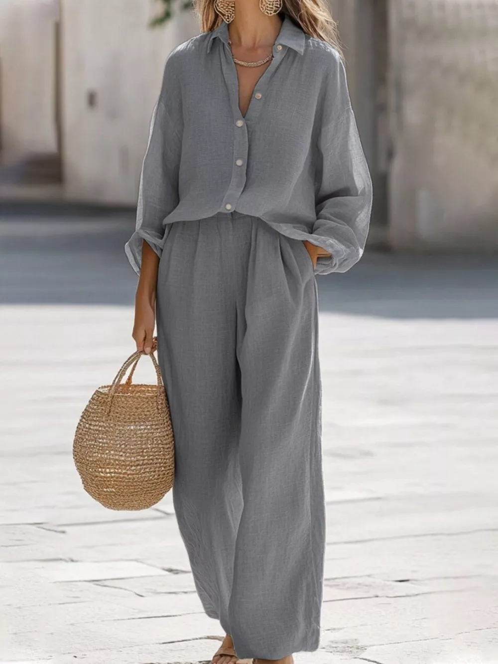 Full Size Loose Fit Shirt and Wide Leg Pants Set Plus Size, image 3