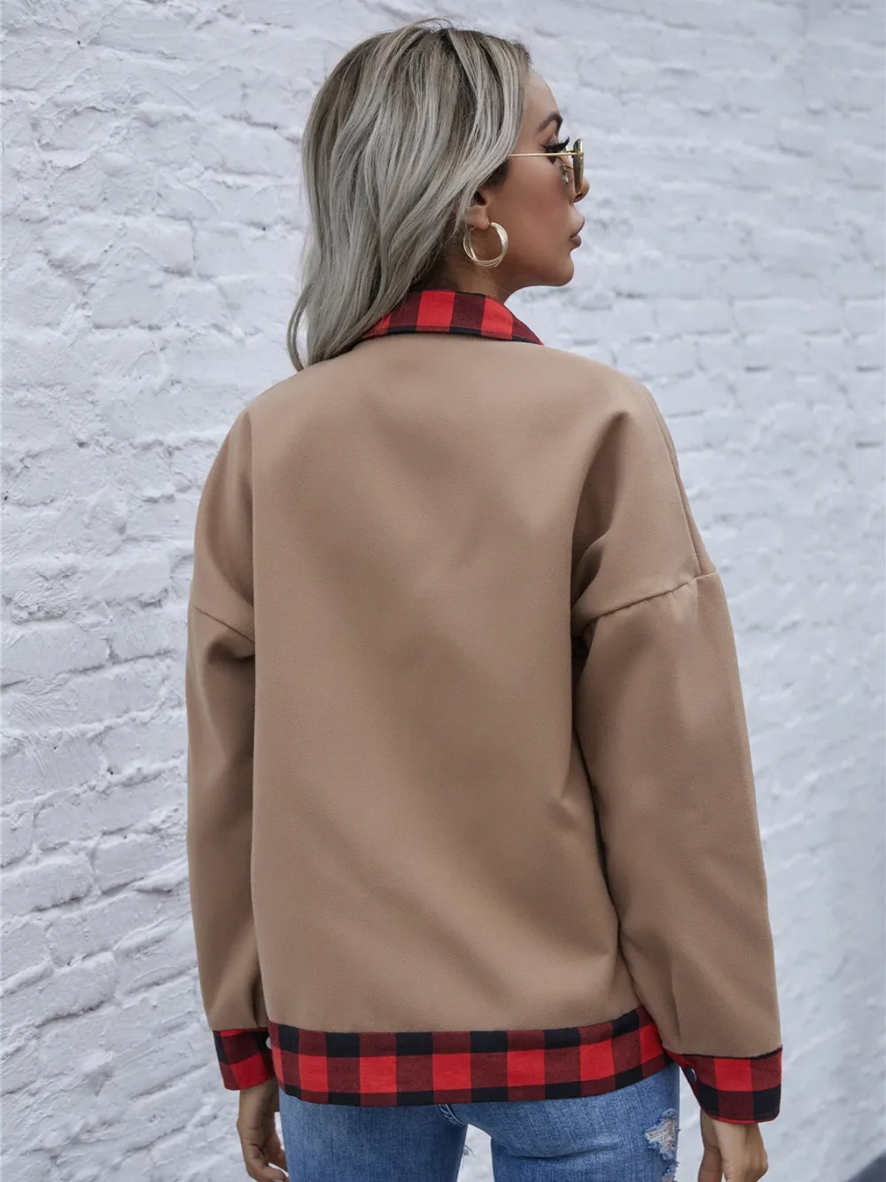 Plaid Trim Long Sleeve Jacket, image 5