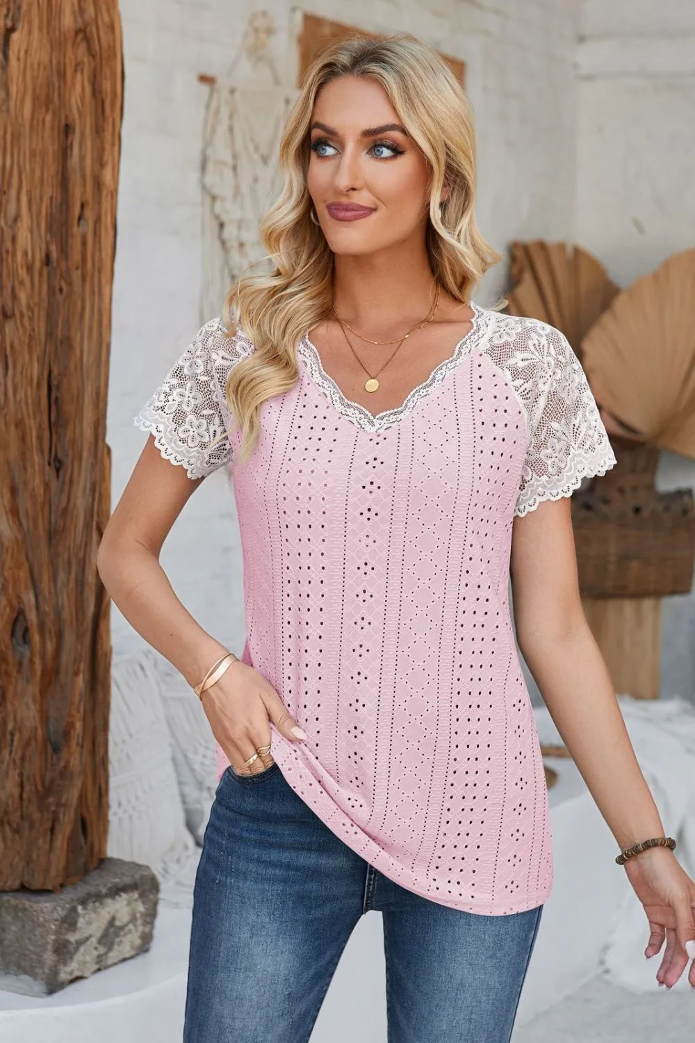 Eyelet V-Neck Lace Short Sleeve T-Shirt, image 30