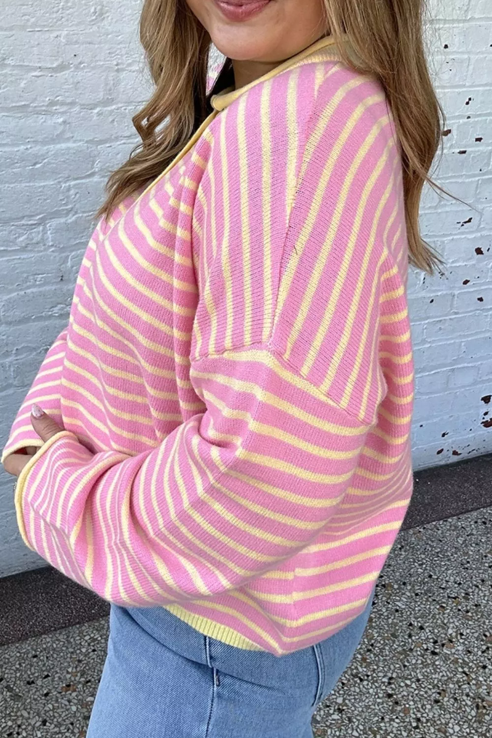 Plus Size Striped Long Sleeve Button Detail Sweater, image 3