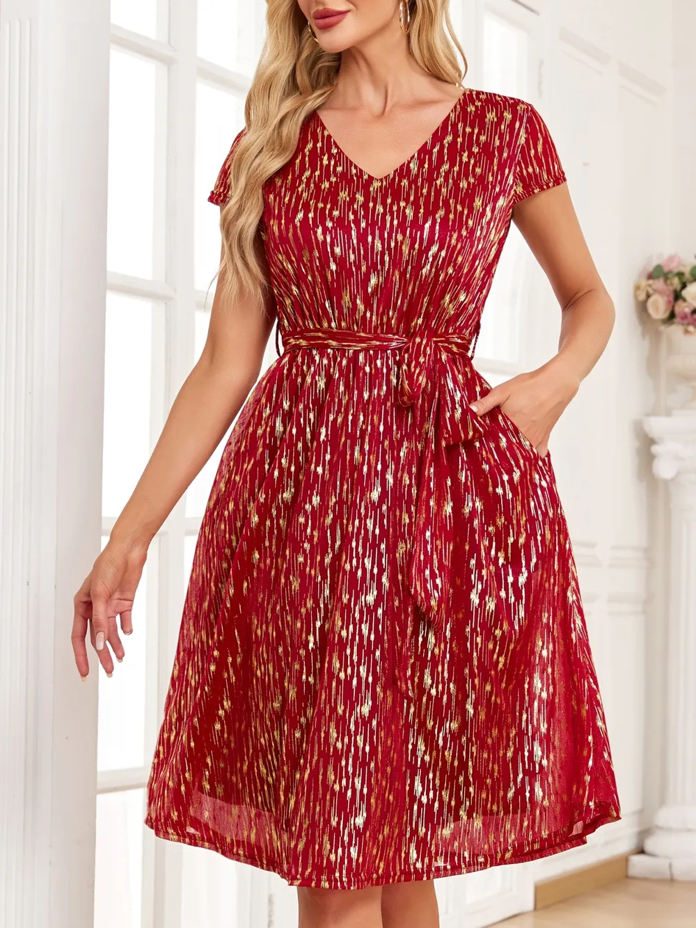 V-Neck Metallic Print Dress, image 2