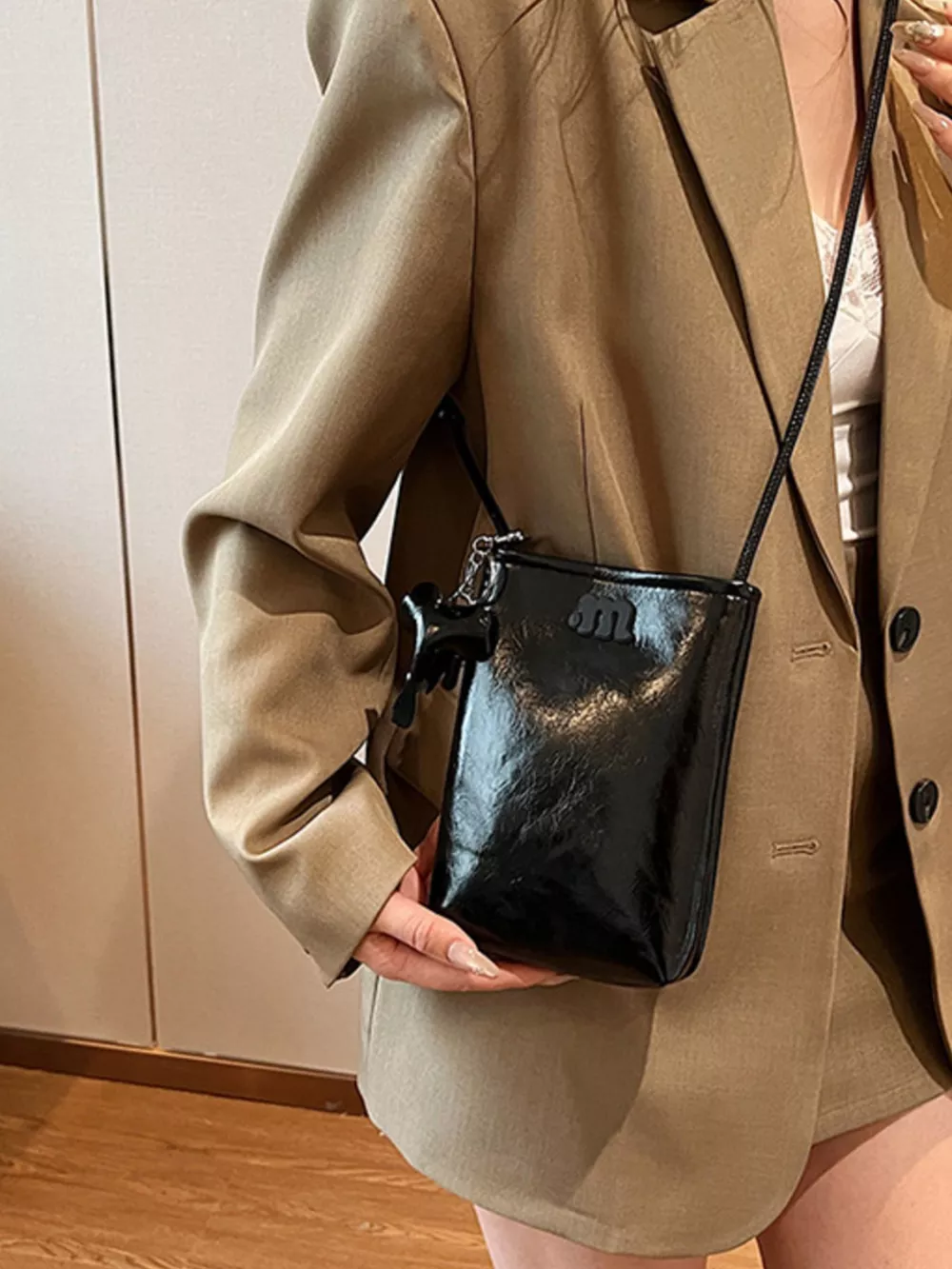 Spaghetti Strap Crossbody Bag with Charm, image 8