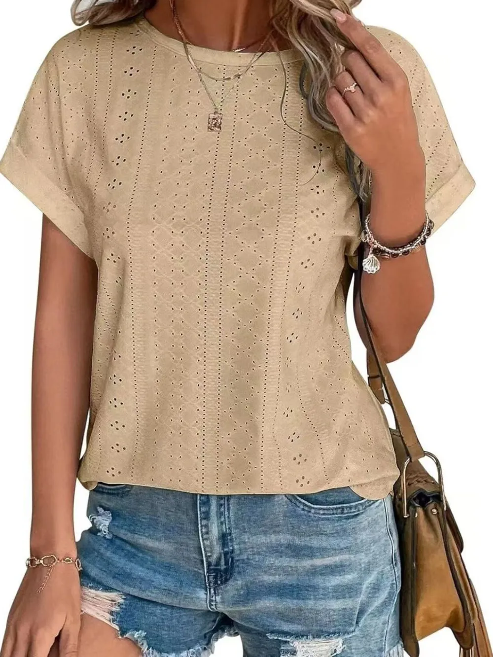 Eyelet Round Neck Short Sleeve T-Shirt, image 15