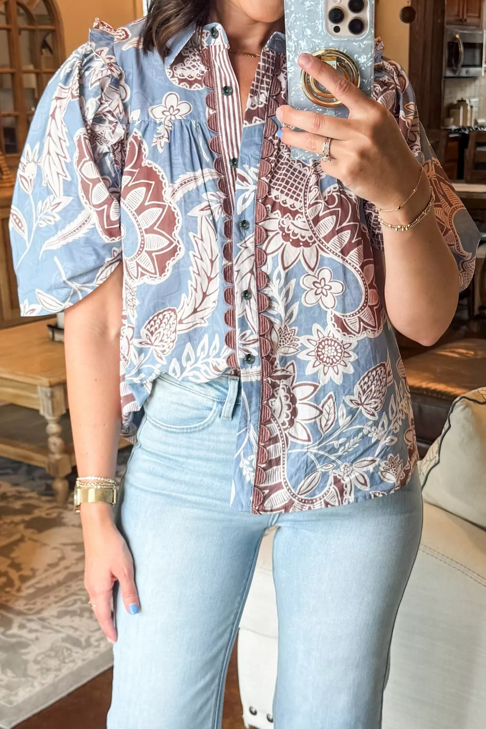 Floral Print Scalloped Trim Button Down Short Sleeve Shirt, image 3