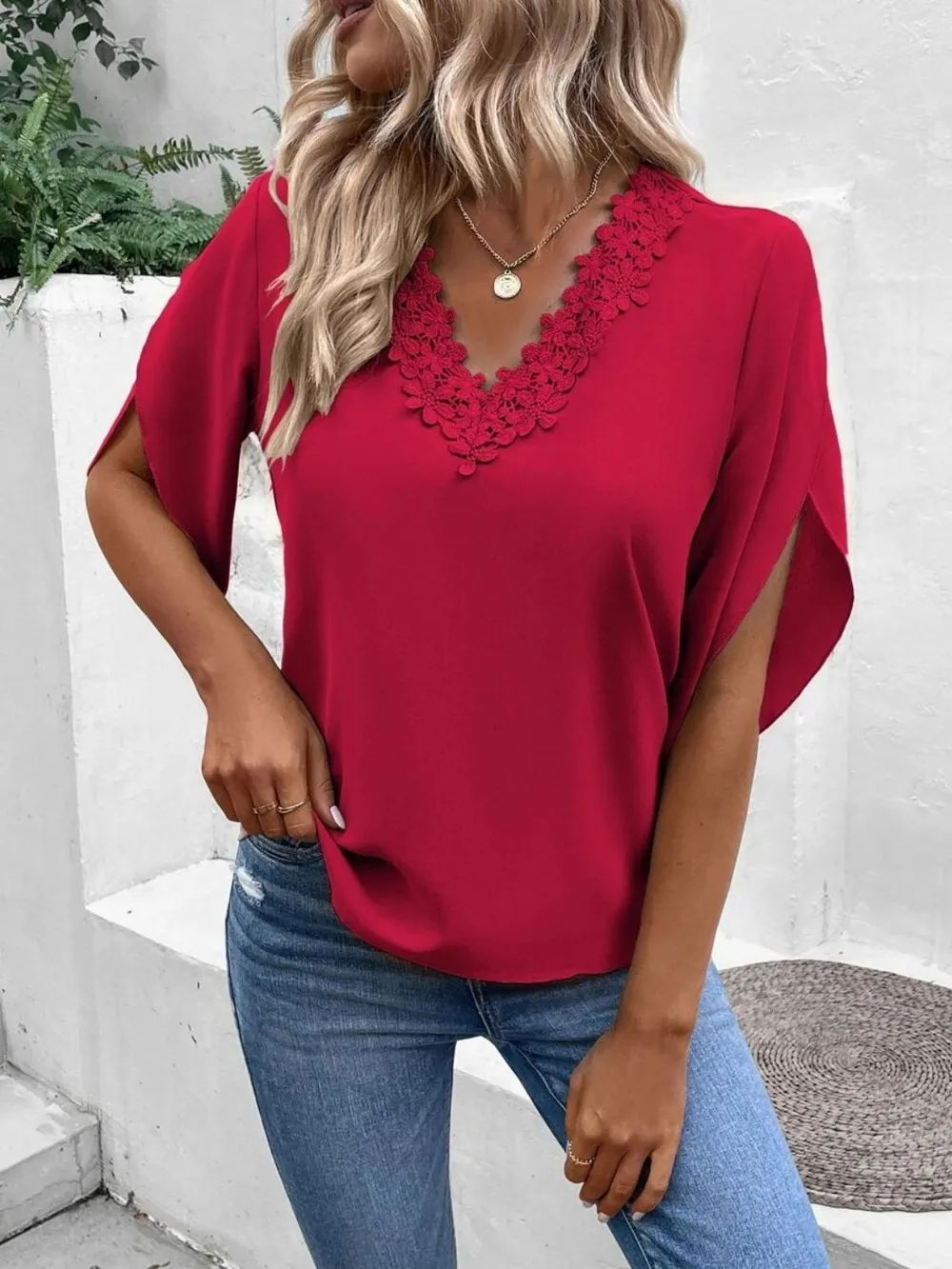 Lace Detail V-Neck Half Sleeve Blouse, image 15
