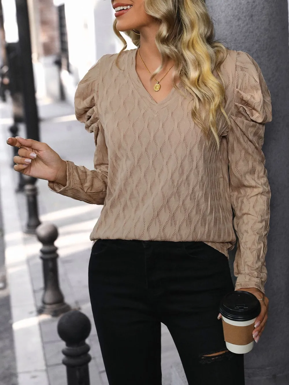 Textured V-Neck Long Sleeve Top, image 4