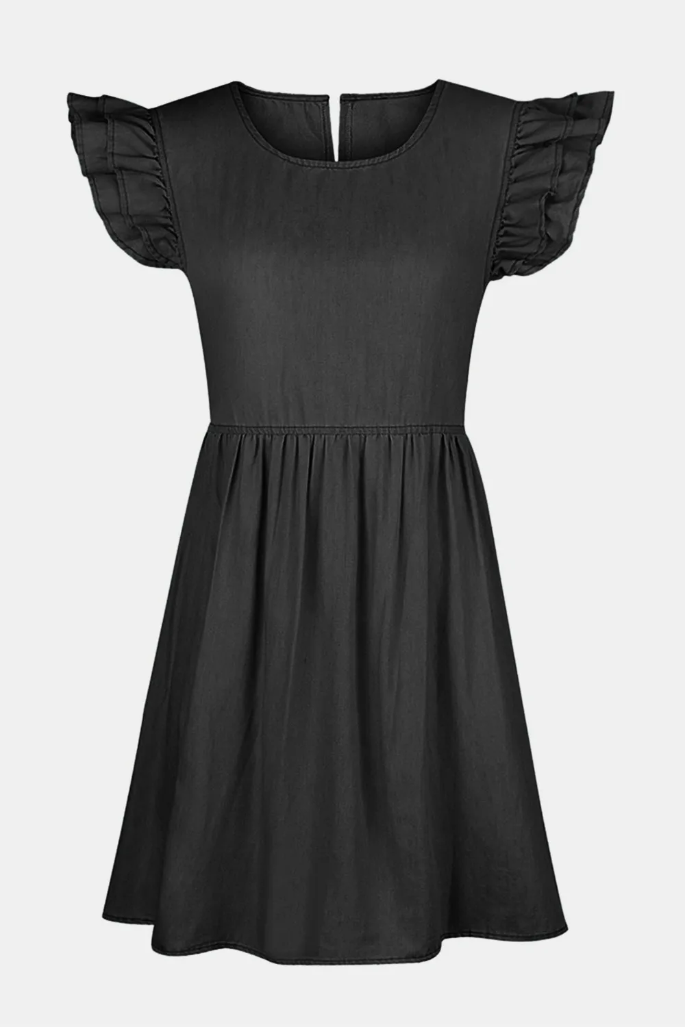 Full Size Ruffled Round Neck Cap Sleeve Denim Dress, image 12
