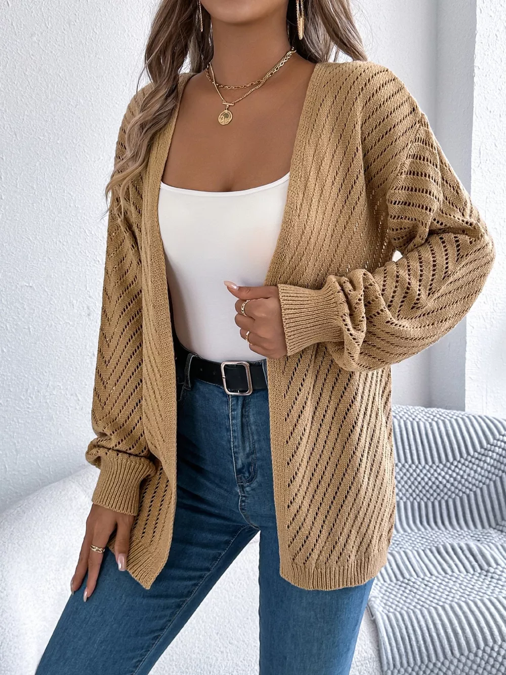 Openwork Open-Front Long Sleeve Cardigan, image 17