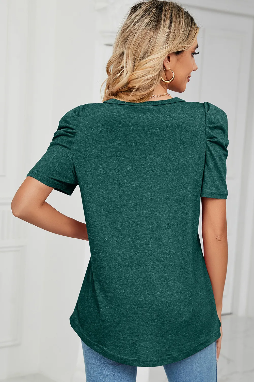 Heathered V-Neck Puff Sleeve T-Shirt, image 26