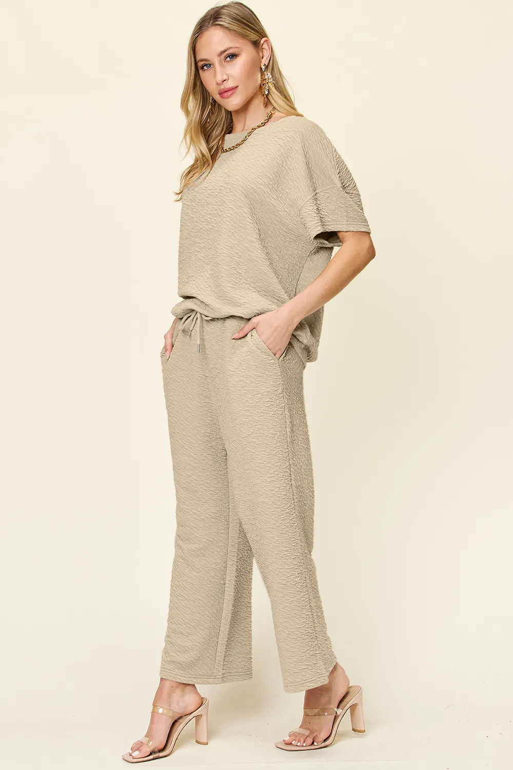 Full Size Texture Short Sleeve Top and Pants Set, image 12