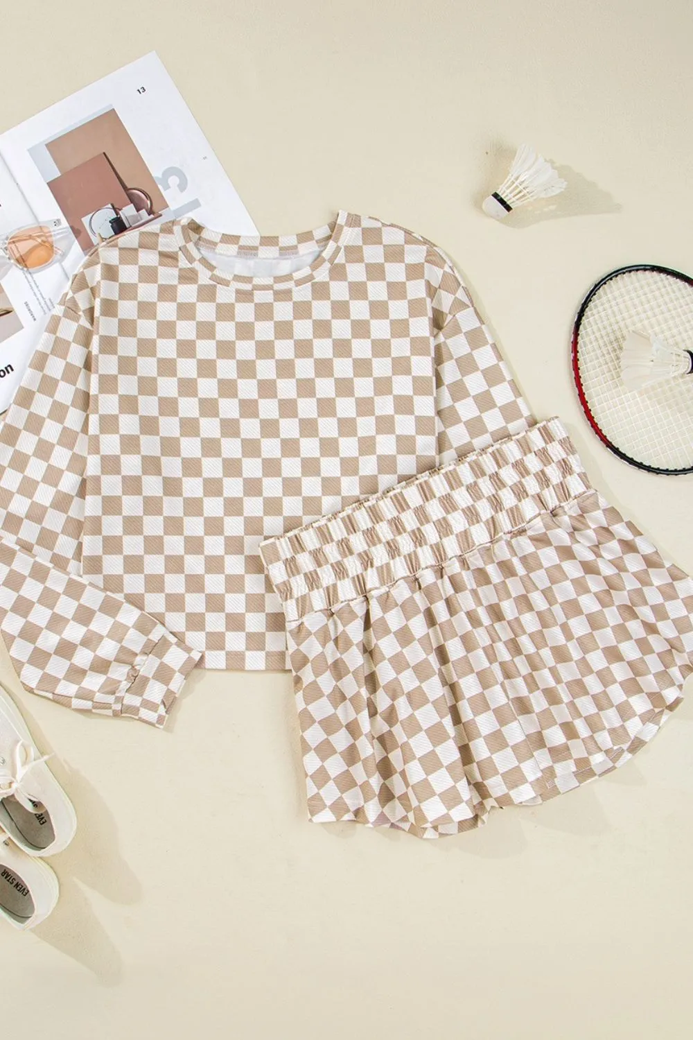 Checkered Long Sleeve Top and Skirt Two-Piece Set, image 9
